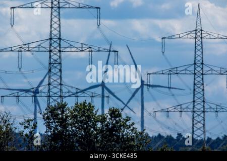 Klein Rogahn, Deutschland. September 2025. Pylonen von Fernleitungen stehen vor einer Trafostation. Quelle: Jens Büttner/dpa/Alamy Live News Stockfoto