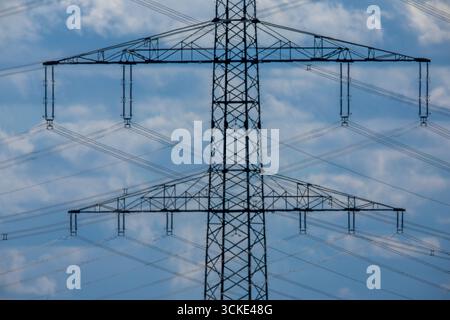 Klein Rogahn, Deutschland. September 2025. Pylonen von Fernleitungen stehen vor einer Trafostation. Quelle: Jens Büttner/dpa/Alamy Live News Stockfoto