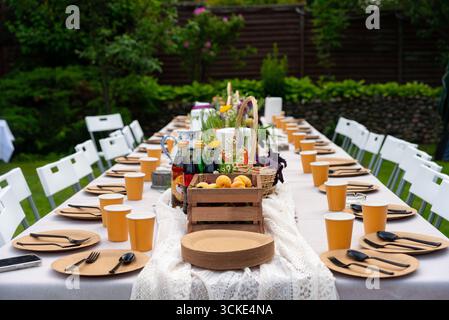 Partytisch im Freien mit frischem Obst und Getränken. Stockfoto