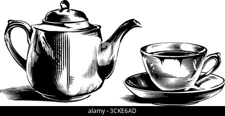 Vintage-Illustration mit Keramik-Teekanne und -Tasse für Retro-Design. Stock Vektor