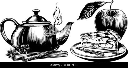 Vintage-gravierte Illustration von Keramik-Teekanne und Apfelkuchen für die Küchendekoration. Stock Vektor