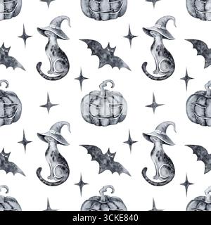 Nahtloser Hintergrund halloween Aquarell schwarze Katzen in Hexenhüten Fledermäuse Sterne lustige Kürbisse auf weißer Hand gezeichnet Stockfoto