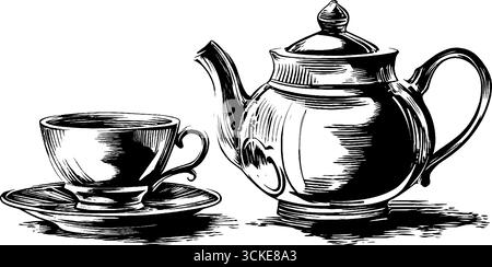 Set aus Keramik-Teekanne und -Tasse mit gravierten Illustrationen für Retro-Design. Stock Vektor