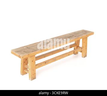 Einfache, helle Holzbank auf weißem Hintergrund. Rustikaler Charme, Naturholz und minimalistisches Design. Stockfoto