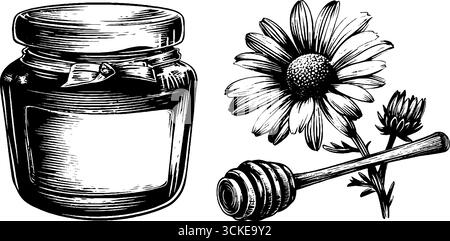 Graviertes Illustrationsset mit Glasgefäß mit Honig- und Wildblumenmotiv für Vintage-Etiketten. Stock Vektor
