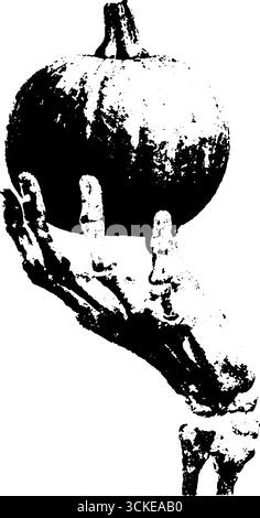 Halloween Skelett Hand mit Kürbis - schwarz-weißes Grunge Design für Poster und Dekor. Stock Vektor