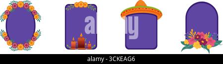 Set aus vier leeren Rahmen im mexikanischen Stil mit Blumen-, Kerzen- und Sombrero-Dekorationen. Flacher STYLE Stock Vektor