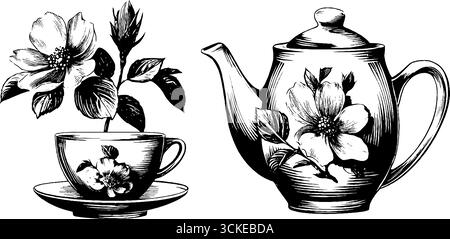 Vintage-Set aus Porzellan-Teekanne und Blumenbecher für Retro-Design. Stock Vektor