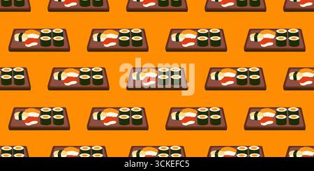 Eine farbenfrohe Auswahl an Sushi, darunter Brötchen und Sashimi, die auf einer Holzplatte vor einem leuchtend orangen Hintergrund liegend sind und culina zeigen Stock Vektor