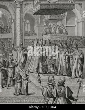 Louis XIII. „Der gerechte“ (1601-1643). König von Frankreich und Navarra (1610–1643). Krönung Ludwigs XIII. Im Dom von Reims am 17. Oktober 1610. Detail eines Stiches von Pierre Firens (1580-1638) nach Francois Quesnel (ca. 1543-1619). Les Blasons des Armes de la Royale Maison de Bourbon von Gilles-André de La Roque (1598-1686). Paris, 1626. XVIIme siècle: lettres, Sciences et Arts, Frankreich 1590-1700 (17. Jahrhundert: Briefe, Wissenschaften und Künste), von Paul Lacroix. Veröffentlicht in Paris von Librairie de Firmin-Didot et Cie, 1882. Stockfoto
