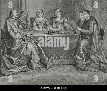 Anne von Österreich (1601-1666). Königin von Frankreich und Navarra (1615–1643) durch ihre Heirat mit König Ludwig XIII. Von Frankreich. Königliche Regentin von 1643 bis 1651. Regency Council von Anne von Österreich. Der Conseil de Conscience: Vincent de Paul liest vor Kardinal Mazarin, Pierre Séguier, Jacques Charton, Königin Anne von Österreich und König Ludwig XIV., 1650. Stich von Huyot nach dem Gemälde des französischen Künstlers Jean-Francois de Troy (1679–1752), Stich von Scotin. XVIIme siècle: lettres, Sciences et Arts, Frankreich 1590-1700 (17. Jahrhundert: Briefe, Wissenschaften und Künste), von Paul Lacroix. Veröffentlicht in Paris Stockfoto