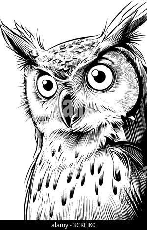 Aufwändige Eulenkopfgravur – künstlerisches schwarzes Design für Poster und Karten. Stock Vektor