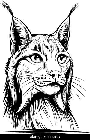 Detailgetreue, gravierte Luchskopf-Illustration für Tierdesign und Kunstprojekte. Stock Vektor