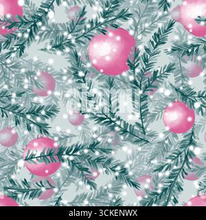 Nahtloses Aquarellmuster mit Tannenzweigen und weihnachtskugeln. Stockfoto