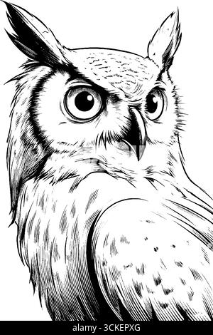 Majestätische Eulenkopf-Gravur - Vintage-handgezeichnete Illustration für Kunst und Design. Stock Vektor
