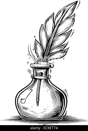 Vintage-Gravur aus Feder und Tintenflasche für Design-Designs im Retro-Stil. Stock Vektor