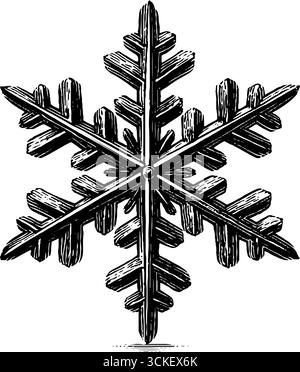 Vintage-gravierte Illustration eines detaillierten Schneeflocken-Close-up-Designs. Stock Vektor