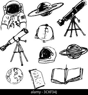 Sketch-Kollektion zur Weltraumforschung mit Astronautenhelmen und Teleskopen. Stock Vektor