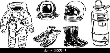Schwarz-weiß-Astronauten-Gear-Set für Raumfahrtentdeckungen. Stock Vektor