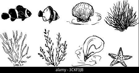 Skizzenset für Meereslebewesen mit Fischen, Muscheln und Korallenkritzeleien für künstlerische Designs. Stock Vektor