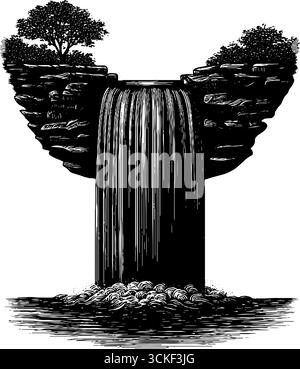 Wasserfallillustration mit Gravur und kräftigen schwarzen Linien – perfekt für Retro-Design und Druckprojekte. Stock Vektor