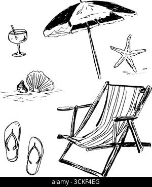Schwarz-weiße Strandskizze mit Sessel, Schirm und Muscheln für den Sommer. Stock Vektor