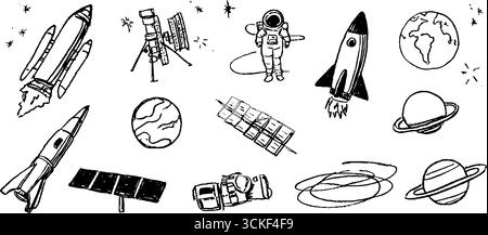Handgezeichnete Skizzen mit Elementen der Weltraumforschung mit Raketen, Planeten und Astronauten. Stock Vektor