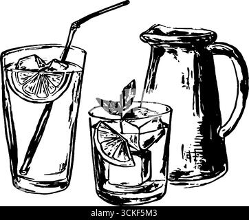 Schwarz-weiße Skizzen-Illustrationsset mit Limonadengläsern und Krug für Getränkekonzeptkunst. Stock Vektor