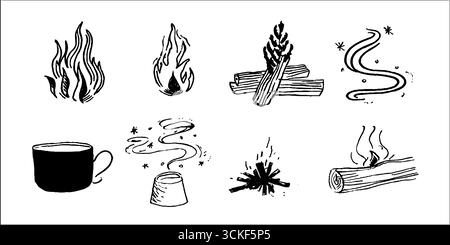 Schwarz-weiß-Skizzen-Kollektion mit Feuerelementen und Lagerfeuerszenen für kreatives Design. Stock Vektor