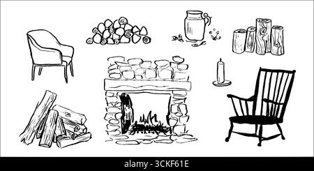 Gemütliche Grundausstattung für Zuhause: Schwarz-weiße Skizzen-Set aus Kamin und rustikalen Elementen für kreatives Design. Stock Vektor