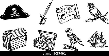 Schwarz-weiße Piratenskizze mit Hut, Schwert, Karte, Papagei, Schatzkiste, und versenden. Stock Vektor