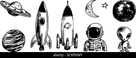 Handgezeichnete Skizzen mit Weltraumthemen mit Raketen, Planeten und Astronauten. Stock Vektor