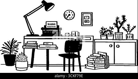 Minimalistischer Schwarzweiß-Büroarbeitsplatz mit Schreibmaschine und Pflanzen-Illustration. Stock Vektor