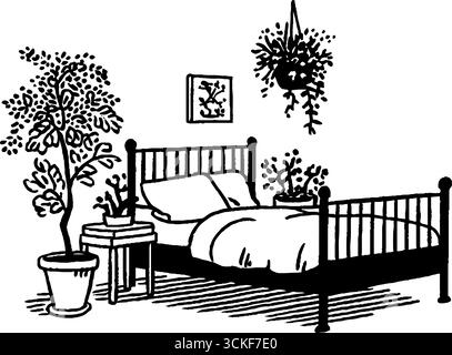 Minimalistische schwarz-weiße Schlafzimmer Illustration mit Zimmerpflanzen. Stock Vektor