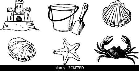 Schwarz-weiße Skizzen-Kollektion mit Sandburg, Eimer, Muscheln, Seesternen und Krabben für Strandmotive. Stock Vektor