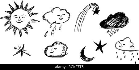 Skurrile Kollektion für das Wetter: Illustrationen von Sonne, Wolken, Sternen und Mond für kreatives Design. Stock Vektor