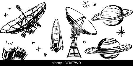 Erforschung des Raums: Handgezeichneter Skizziersatz mit Planeten, Raketen und Teleskopen. Stock Vektor
