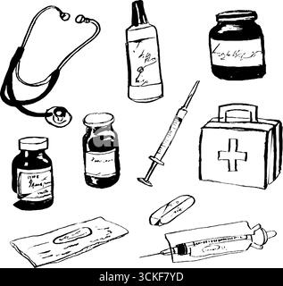 Medizinische Werkzeuge und Zubehör Skizzenkollektion in Schwarz-weiß für Healthcare Design. Stock Vektor