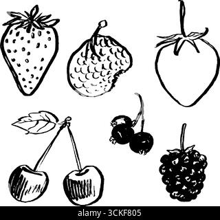 Schwarz-weiße Skizzen-Kollektion mit Erdbeeren, Kirschen und Beeren für kreative Designs. Stock Vektor