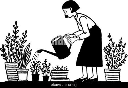 Minimalistische Schwarz-weiß-Illustration einer Person, die Pflanzen tränkt. Stock Vektor