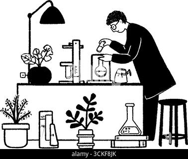 Minimalistische Schwarz-weiß-Illustration eines Chemikers im Labor. Stock Vektor