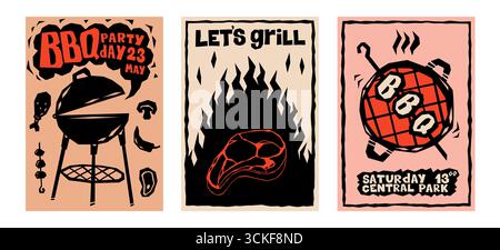 Poster für Grillparty. Einladungsflyer zum Grill mit Fleisch und Feuer. Skizzenelemente zum Braten von Rinderwurst. Poster mit Vintage-Steak. Familienmenü. Silhouette Sommer Picknick. Vektorbanner eingestellt Stock Vektor