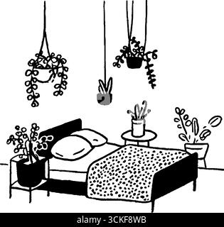 Minimalistisches schwarz-weißes Schlafzimmer mit hängenden Pflanzen Illustration. Stock Vektor