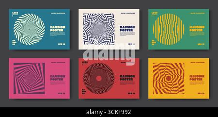 Abstrakte Muster. Plakatdesign mit grafischem Illusionsdesign. Geometrische psychedelische flache Form. Linie psychedelische Elemente oder moderne Kunstcover. Retro-optischer hypnotischer Wirbel. Vector Bauhaus Bannervorlagen Set Stock Vektor