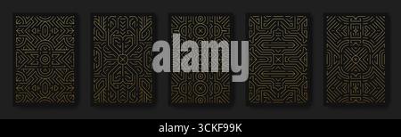 Art déco-Muster. Tarot Magic Card. Mystische geometrische Gravurtextur. Heiliges luxuriöses Gatsby-Deck. Hochwertiges Ornament. Klassisches Folienmuster. Goldenes Linienmotiv. Abstrakte Vektorhintergründe festgelegt Stock Vektor