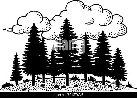 Minimalistische schwarz-weiße Waldillustration mit Bäumen und Wolken. Stock Vektor