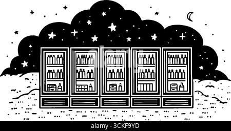 Minimalistische Schwarzweiß-Nachtszene mit Kühlschrank und Sternenhimmel. Stock Vektor