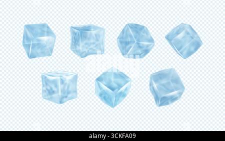 Eiswürfel. 3D-Frostblock, quadratisches Wasserstück für Getränke, Kristall und frostige kühle blaue Objekte für kalten Kühlschrank. Schmelzwasser, verschiedene Winkel zeigen isolierte Elemente an. Realistische Vektordarstellung Stock Vektor