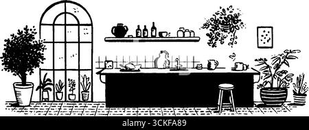 Minimalistische schwarz-weiße Küchenillustration mit Pflanzen und Utensilien. Stock Vektor