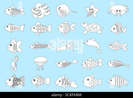 Fischset. Färbebuch isolierte Elemente. Süßer Seestern, lustiger Krake und Tintenfisch. Tropische Wassertiere unter Wasser. Goldfische, schwimmende Tiere, Meerestiere, Unterwasserbewohner. Vektorsatz Stock Vektor